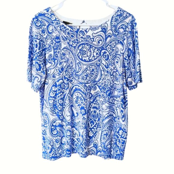 NWOT Talbots Paisley Lightweight Sweater Blouse Cotton Blend White/Blue Sz X - Picture 1 of 5